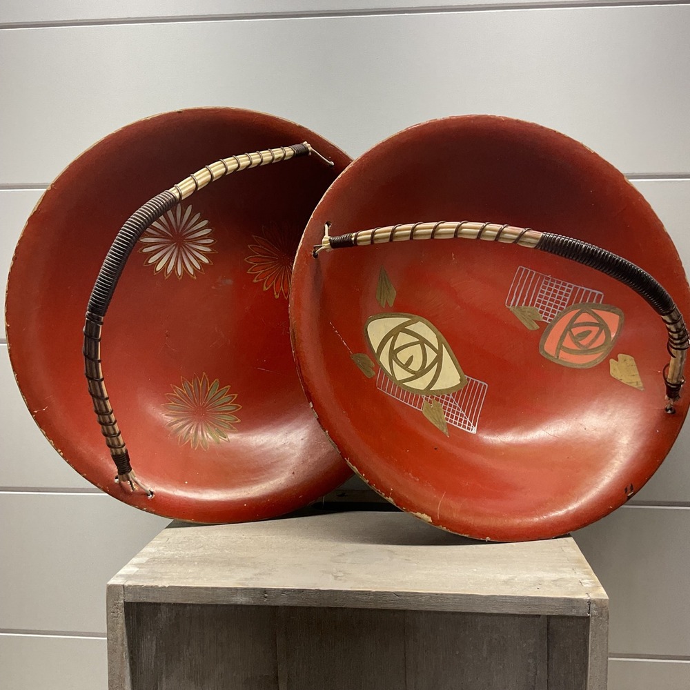 Vintage Hand Painted Red Lacquerware Bowls Set of 2 Woven Bamboo Handles Floral